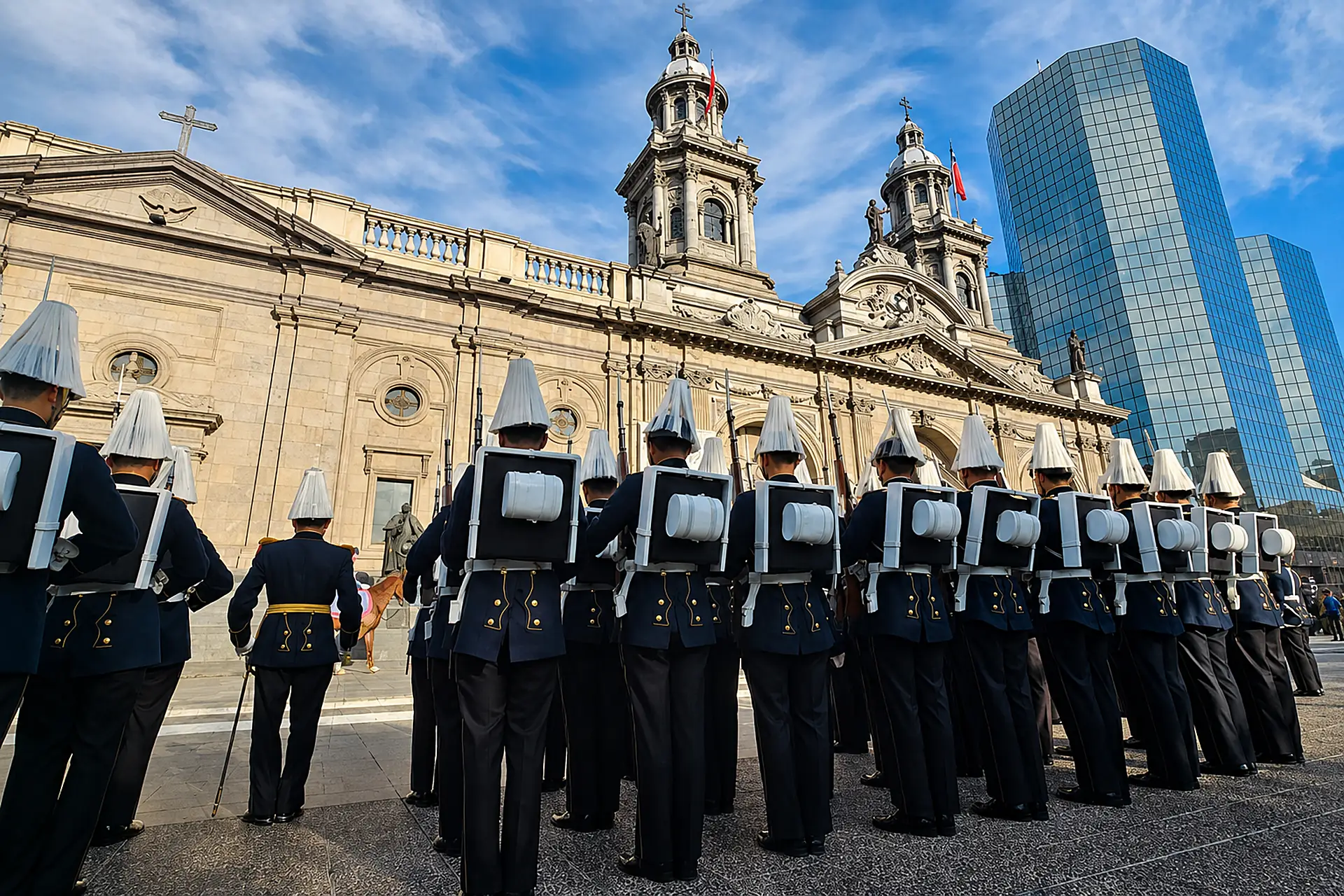 Cadetes de la Escuela Militar en formación frente a la Catedral de Santiago